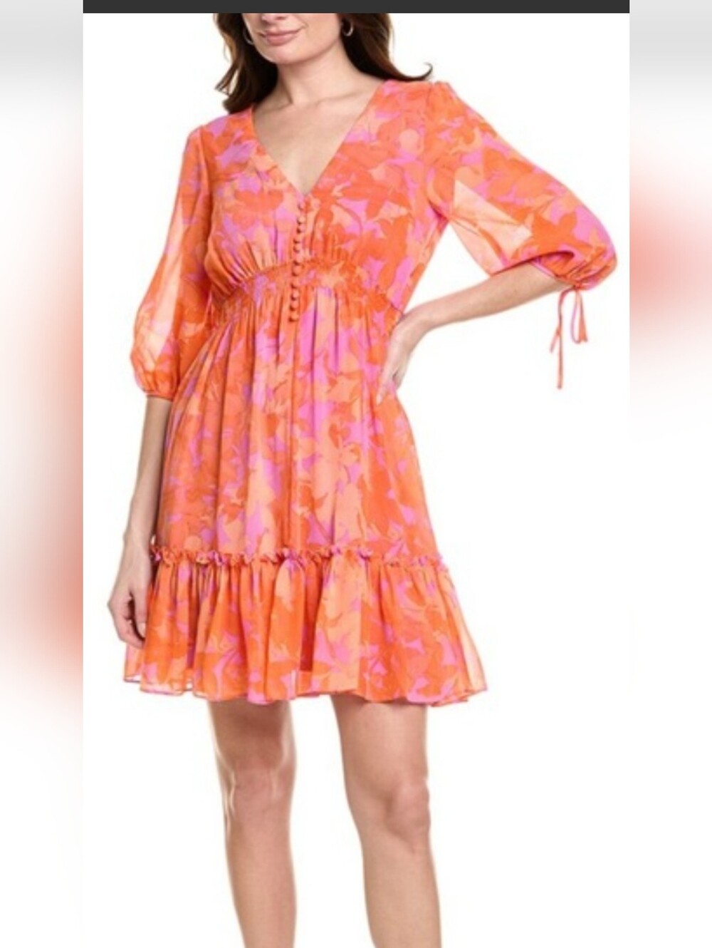 Taylor Orange and Pink Floral V-Neck Tiered Mini Dress